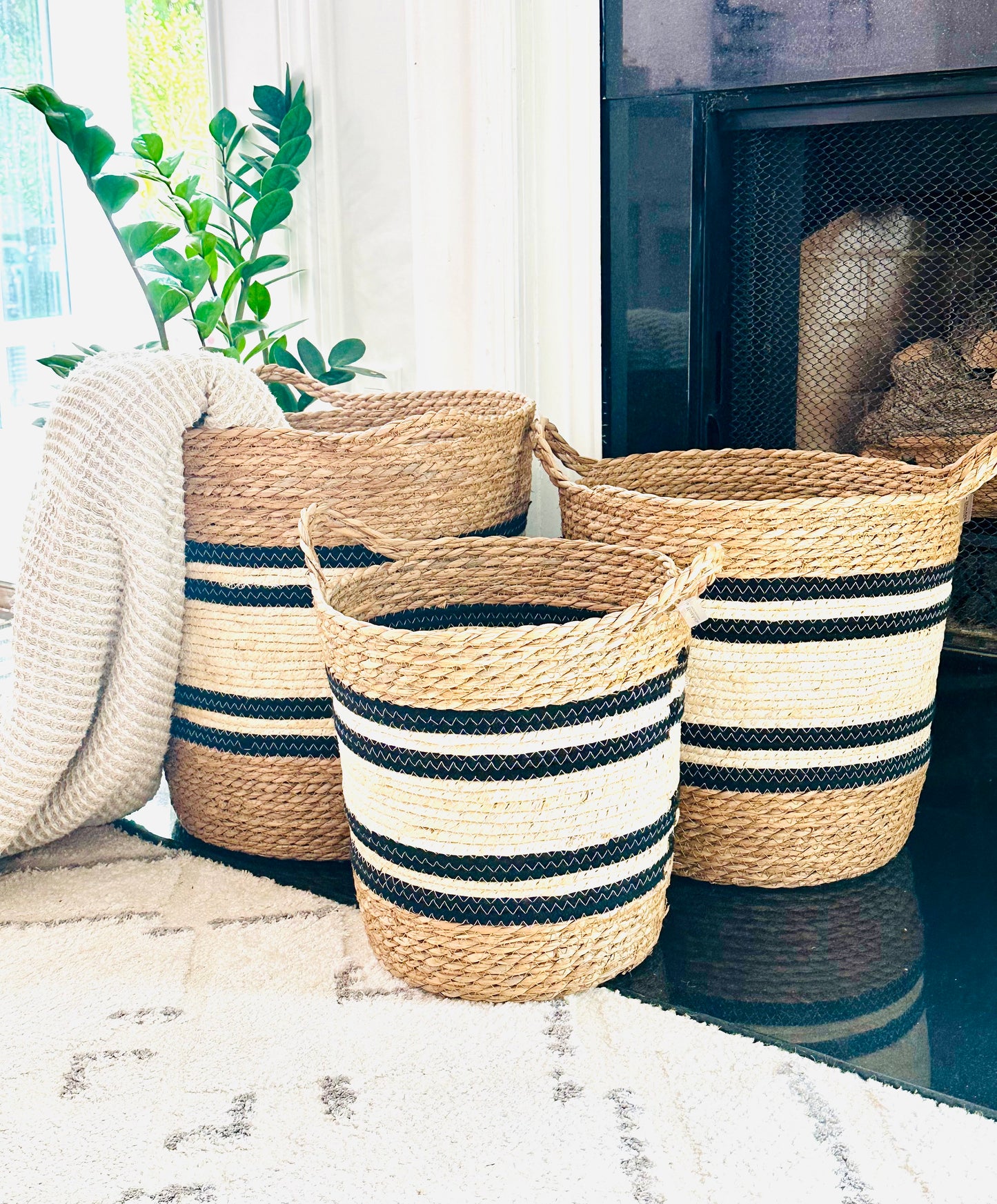 3 striped baskets with handles